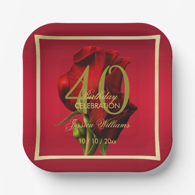 Gold Framed Romantic Red Rose Birthday Paper Plate (Front)
