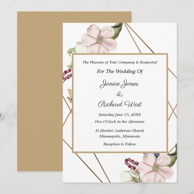 Gold Framed Soft Pink Floral Wedding Invitation (Front/Back)