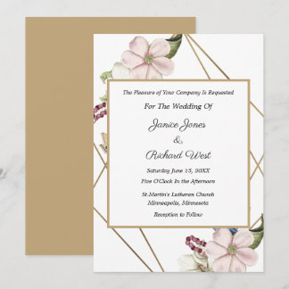 Gold Framed Soft Pink Floral Wedding Invitation