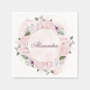 Gold FrameFloral  Personal Name Pink Roses    Napkin