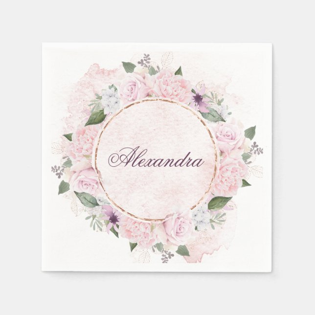 Gold FrameFloral  Personal Name Pink Roses    Napkin (Front)
