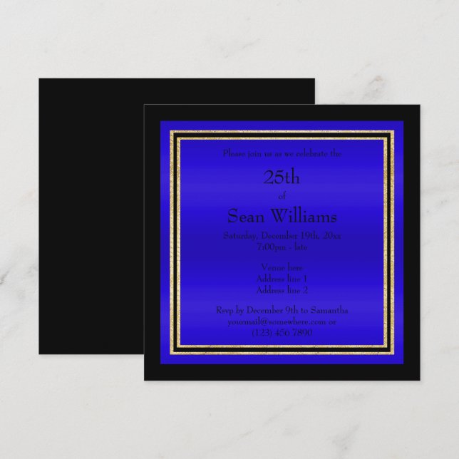 Gold Frames Blue & Black Man's Birthday Invitation (Front/Back)