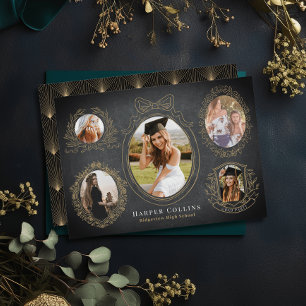 Gold Frames & Botanical Accents Black Graduation Invitation