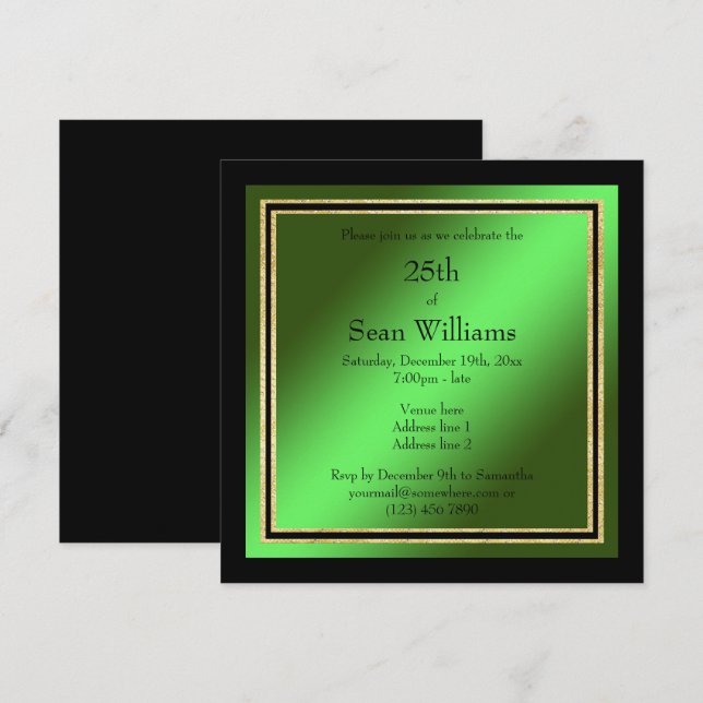 Gold Frames Green & Black Man's Birthday Invitation (Front/Back)