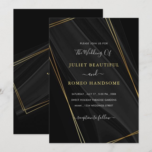 Gold Frames Luxury Golden Black Wedding Invitation (Front/Back)