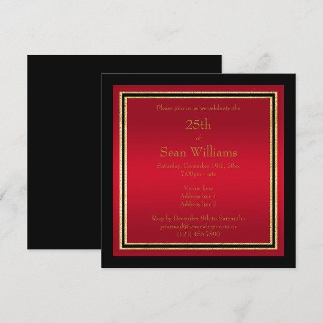 Gold Frames Red & Black Man's Birthday Invitation (Front/Back)