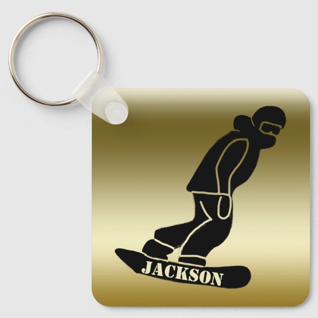 Gold Freeride Snowboarder Snowboarding Stencil Key Ring (Front)