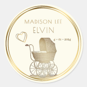 Gold French Baby Carriage Birth Date Announcement  Classic Round Sticker