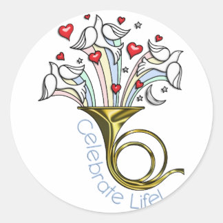 Gold French Horn, Doves, Hearts, Celebrate Life Classic Round Sticker