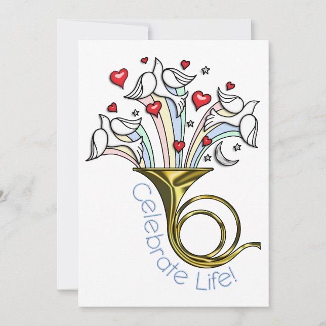 Gold French Horn, Doves, Hearts, Celebrate Life Invitation (Front)