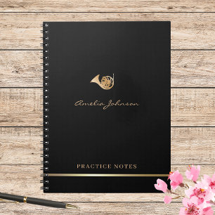 Gold French Horn Elegant Script Stylish Musician Notebook