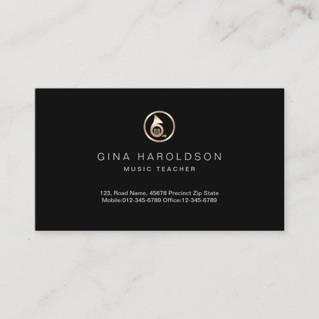 Gold French Horn Icon Music Teacher Business Card (Front)