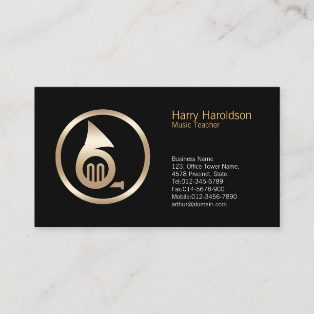Gold French Horn Icon Music Teacher Business Card (Front)