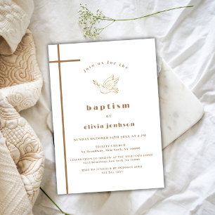 Gold French Modern Bird Cross Christening Baptism  Invitation