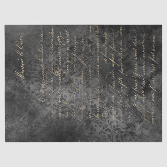 Gold French Script on Distressed Grey Decoupage Tissue Paper (Front)