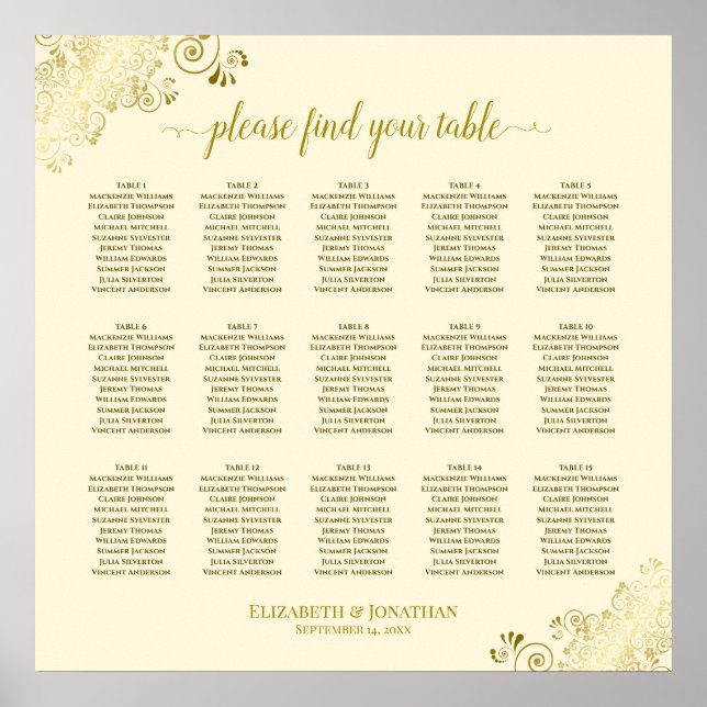 Gold Frills 15 Table Wedding Seating Chart Cream (Front)