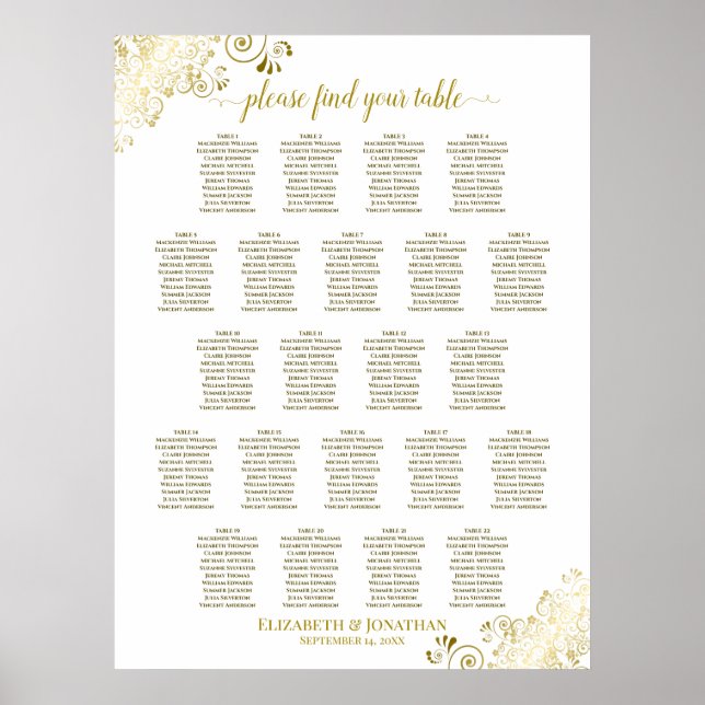 Gold Frills 22 Table Wedding Seating Chart White (Front)
