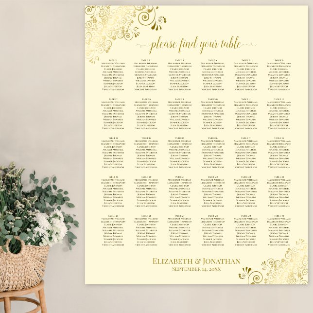 Gold Frills 30 Table Wedding Seating Chart Cream (In Situ on Wall)