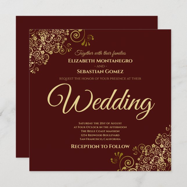 Gold Frills Auburn Brown Elegant Square Wedding Invitation (Front/Back)