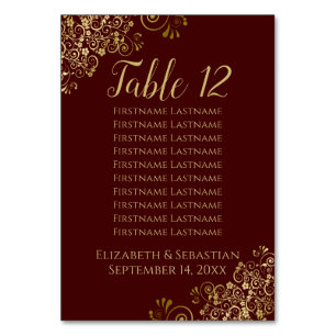 Gold Frills Auburn Burgundy Wedding Seating Chart Table Number