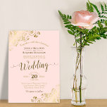 Gold Frills Blush Pink Elegant Calligraphy Wedding Invitation<br><div class="desc">This elegant wedding invitation features a blush pink background with lacy gold calligraphy and frilly faux foil filigree in the corners. The back is a marbled deep gold colour. Beautiful way to invite your friends and family to share in your special day.</div>