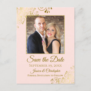 Gold Frills Blush Pink Wedding Save the Date Photo Announcement Postcard
