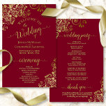 Gold Frills Burgundy Maroon Budget Wedding Program<br><div class="desc">These wedding programs are elegant and tasteful, while still being budget friendly. The design features ornate golden faux foil frills with gold text on a burgundy, maroon, or wine red coloured background. The typography features lacy script calligraphy, and there is room for details on the ceremony, the bridal party, and...</div>