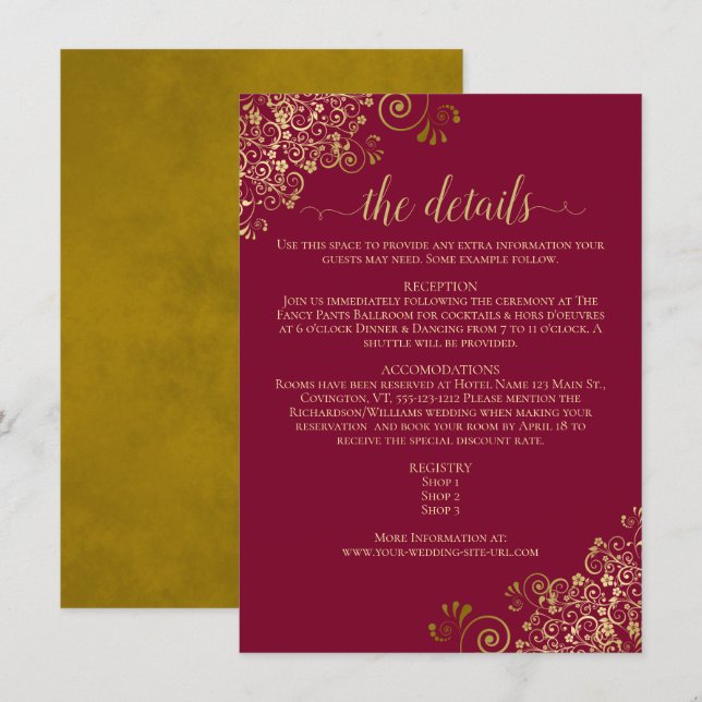 Gold Frills Burgundy Maroon Wedding Details Enclosure Card (Front/Back)