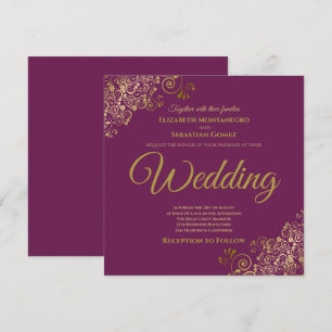 Gold Frills Cassis Purple Elegant Square Wedding Invitation
