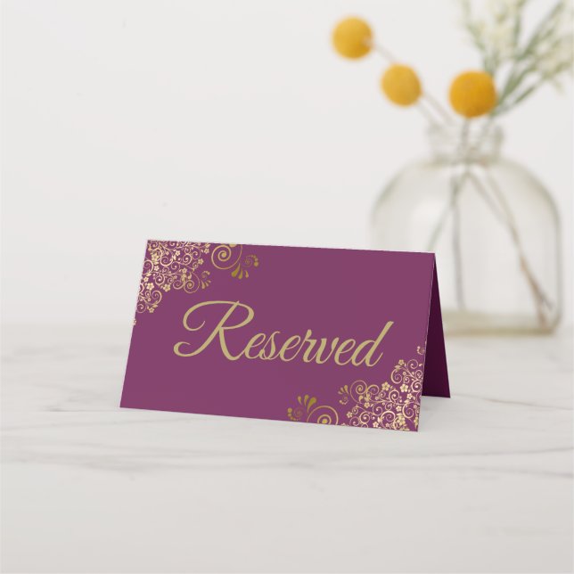 Gold Frills Cassis Purple Elegant Wedding Reserved Place Card (Back)