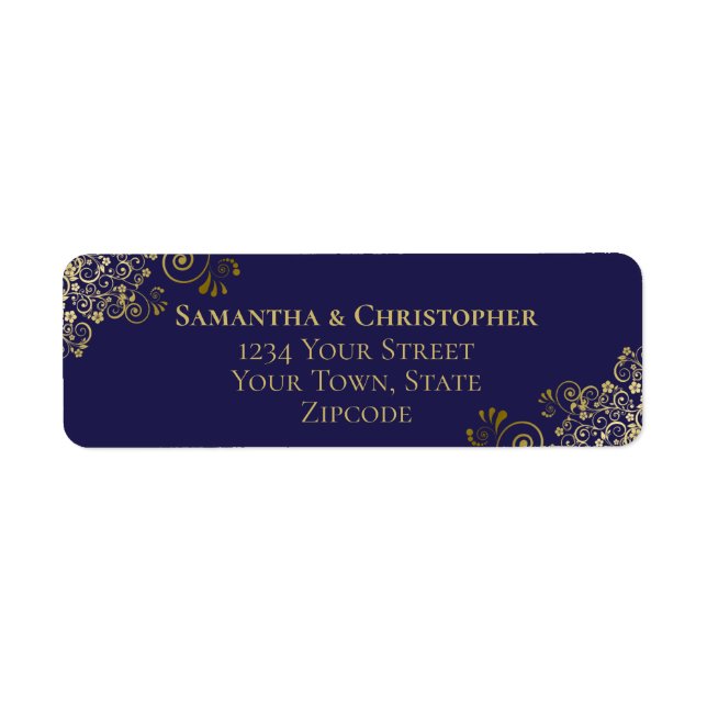 Gold Frills Chic Navy Blue Wedding Return Address (Front)