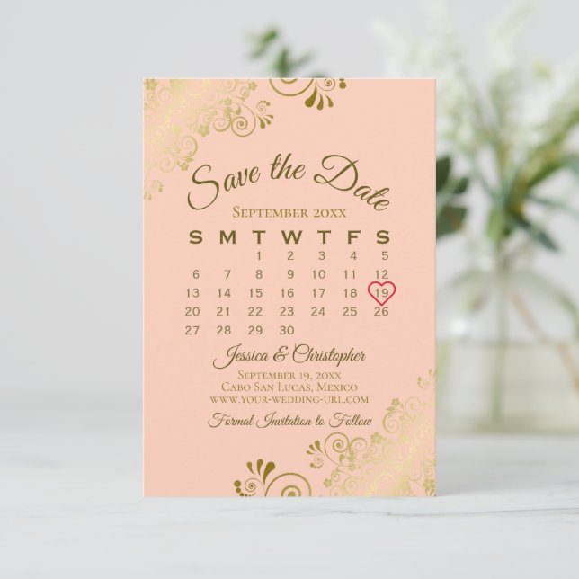 Gold Frills Coral Peach Chic Wedding Calendar Save The Date (Standing Front)