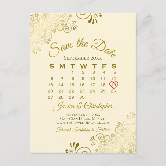 Gold Frills Cream Wedding Save the Date Calendar Announcement Postcard (Front)