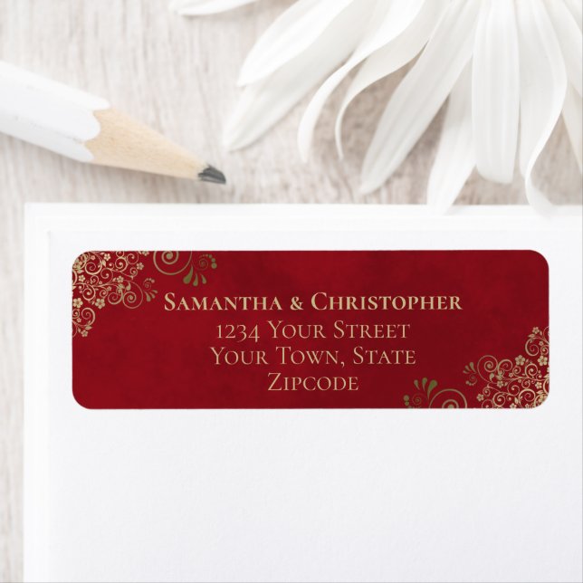 Gold Frills Crimson Red Wedding Return Address (Insitu)