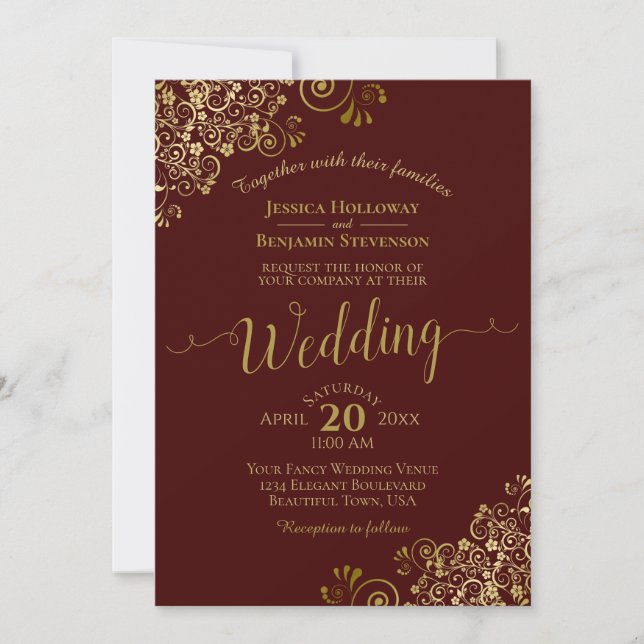 Gold Frills Elegant Auburn Brown Wedding Invitation (Front)