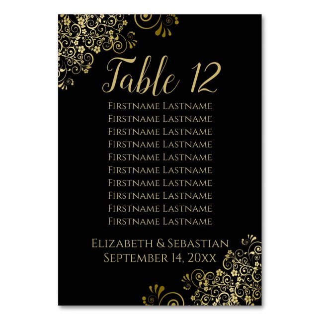 Gold Frills Elegant Black Wedding Seating Chart Table Number (Front)