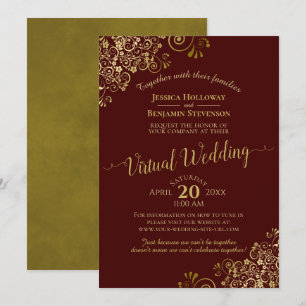 Gold Frills Elegant Burgundy Virtual Wedding Invitation