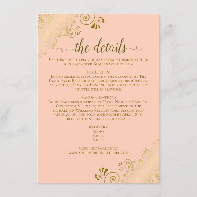 Gold Frills Elegant Coral Peach Wedding Details Enclosure Card (Front)