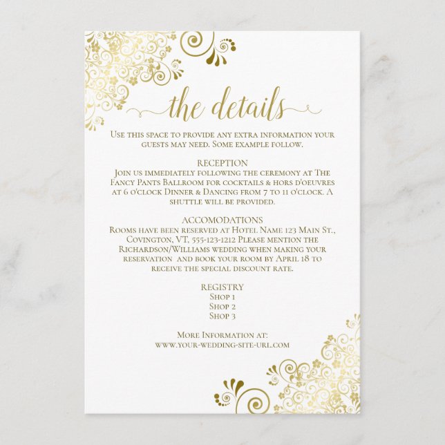 Gold Frills Elegant Gold on White Wedding Details Enclosure Card (Front)