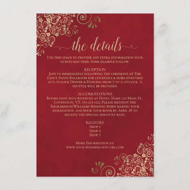 Gold Frills Elegant Marbled Red Wedding Details Enclosure Card (Front)