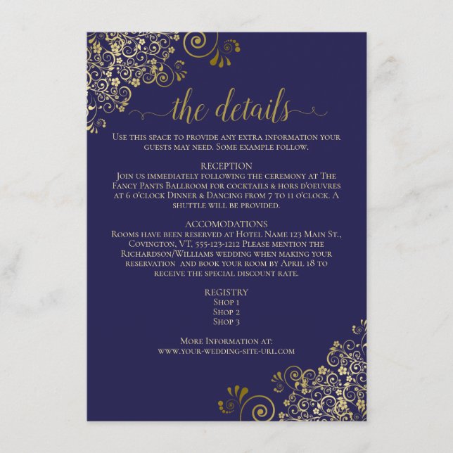 Gold Frills Elegant Navy Blue Wedding Details Enclosure Card (Front)