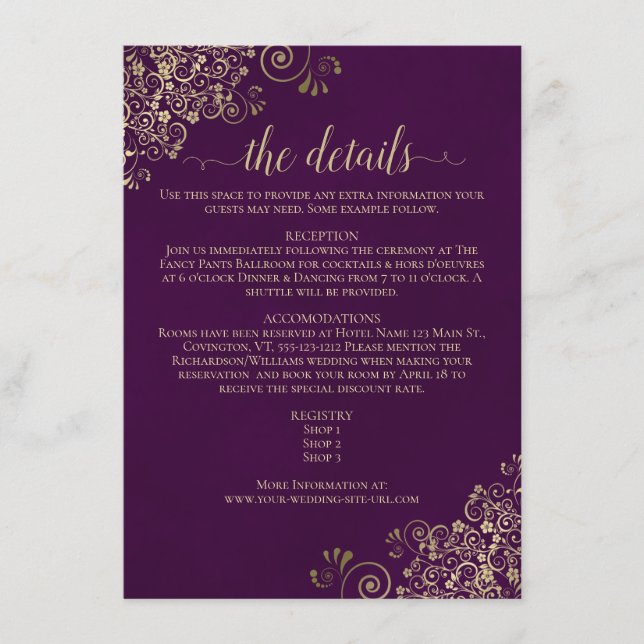 Gold Frills Elegant Plum Purple Wedding Details Enclosure Card (Front)