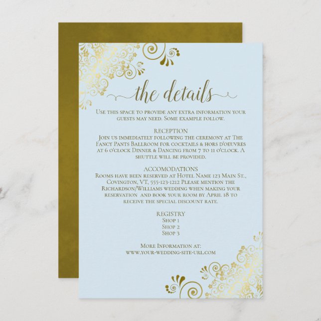 Gold Frills Elegant Powder Blue Wedding Details Enclosure Card (Front/Back)