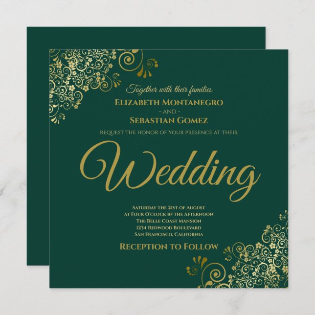 Gold Frills Emerald Green Elegant Square Wedding Invitation (Front/Back)
