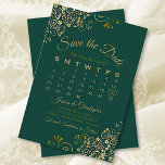 Gold Frills Emerald Green Elegant Wedding Calendar Save The Date<br><div class="desc">This Save the Date card features a beautiful design with gold script lettering on an emerald green background, and frilly faux foil gold frills in the corners. There is a customisable calendar where you can put a red heart around your wedding date. There is space for the couple's name, wedding...</div>