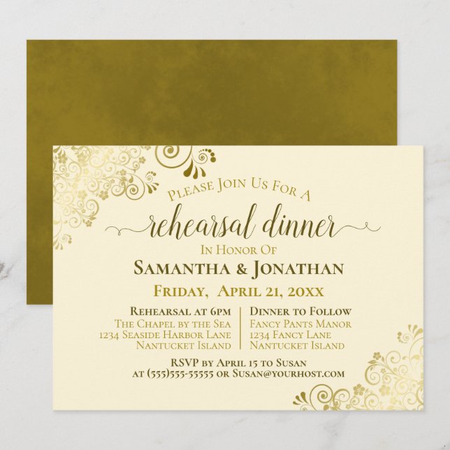 Gold Frills Ivory Cream Wedding Rehearsal & Dinner Invitation (Front/Back)