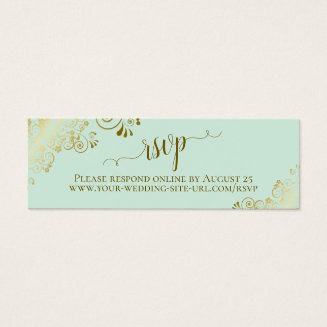 Gold Frills Mint Green Wedding RSVP Online Card (Front)