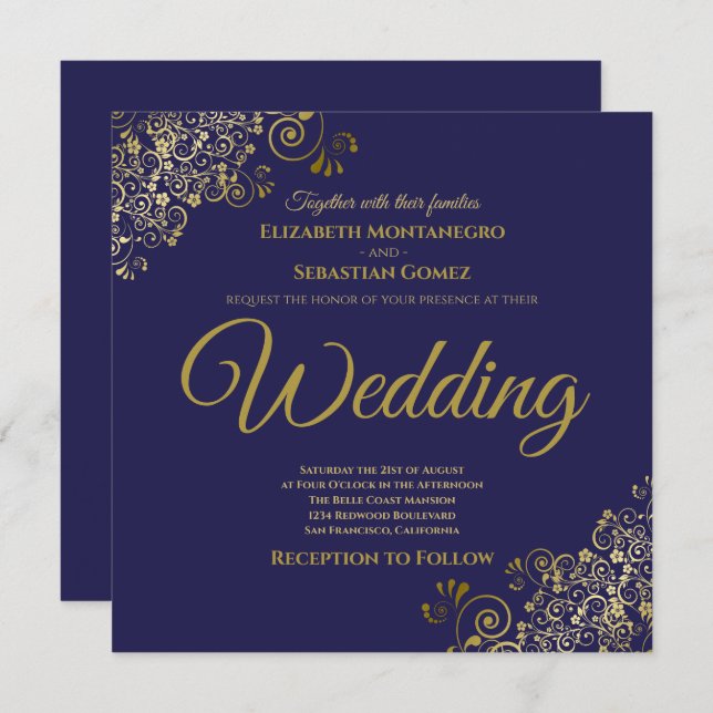 Gold Frills Navy Blue Elegant Square Wedding Invitation (Front/Back)