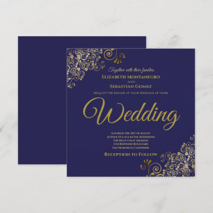 Gold Frills Navy Blue Elegant Square Wedding Invitation