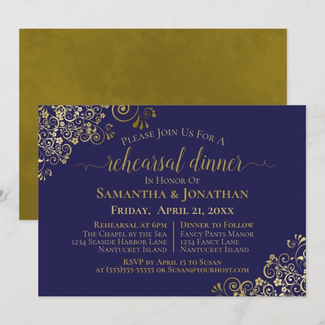 Gold Frills Navy Blue Wedding Rehearsal & Dinner Invitation (Front/Back)